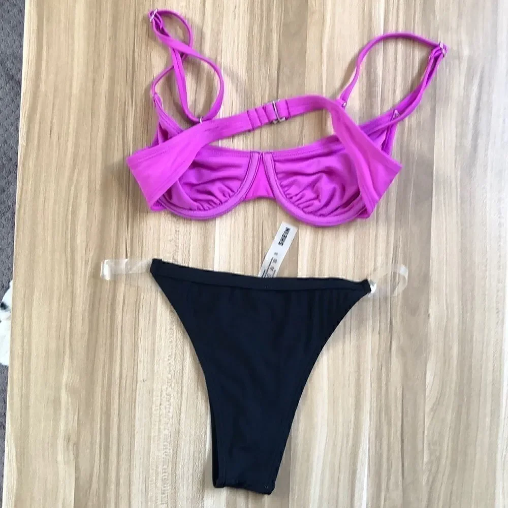 Shein Bikini. Unique clear plastic straps. Xtra pink xhilirarion top. Size S.